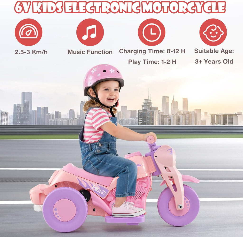 Kids Motorcycle, 6V Electric Ride on Car with Automatic Bubble Function, Foot Pedal, Headlight, Music, 3 Anti-Skip Wheels Vehicle for Children, Toddler Ages 3+ (Violet)
