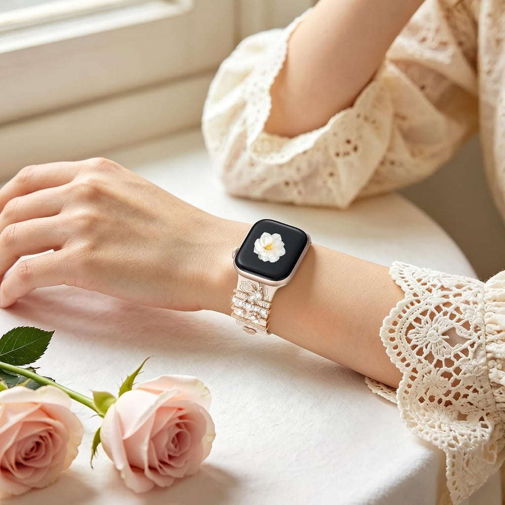Flower Engraved Band Compatible with Apple Watch Bands for Women 40Mm 38Mm 41Mm 42Mm, Soft Silicone Strap with Dressy Decorative Apple Watch Charms for Iwatch Series 11 10 9 8 7 6 5 4 3 2 1 SE