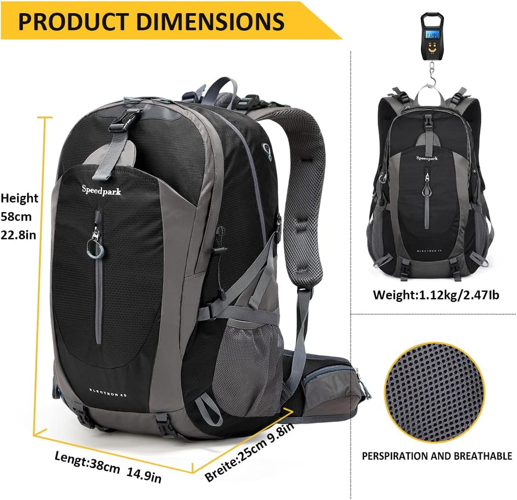 40L Hiking Backpack, Lightweight Camping Daypack with Rain Cover | Water-Resistant Rip-Stop Nylon, Multi-Pockets, Survival Whistle. Ideal for Men, Women, Travel, Trekking