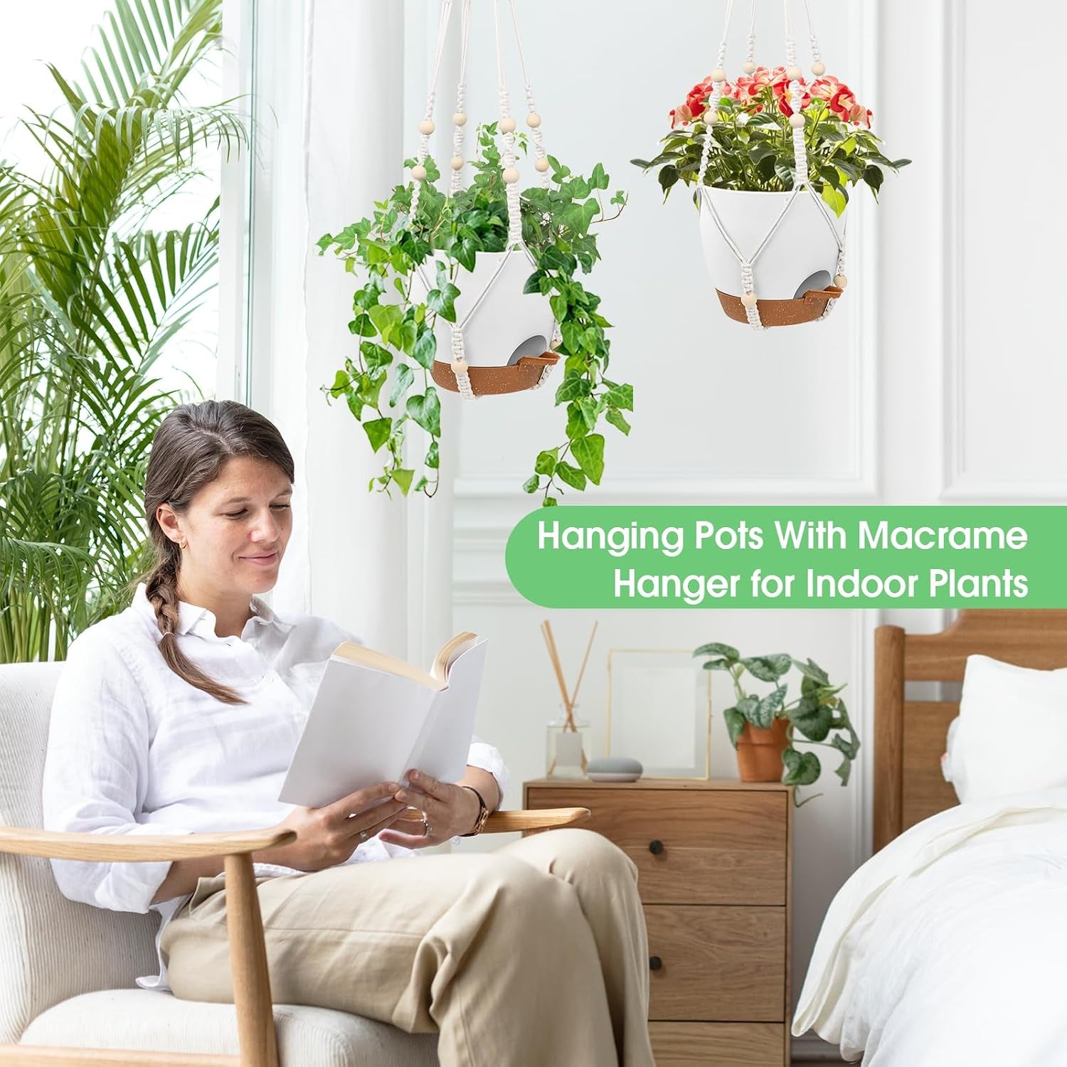 8'' Self Watering Hanging Planters with 2 Kinds of Plant Hangers,2 Pack | Hanging Planters for Indoor Outdoor Plants, Drainage Holes, Removable Tray, Hanging Basket for Home Garden