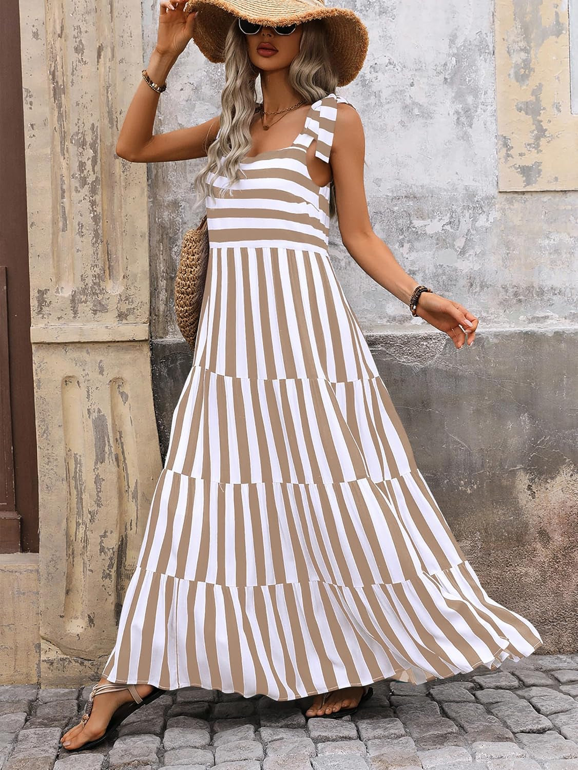 Women Dresses 2026 Summer Floral Sleeveless Maxi Dress Casual | Spaghetti Strap Tiered Flowy Beach Long Dress, Boho Floral Striped Dress, a Line Sun Dresses Pockets, Wedding Guest Dress