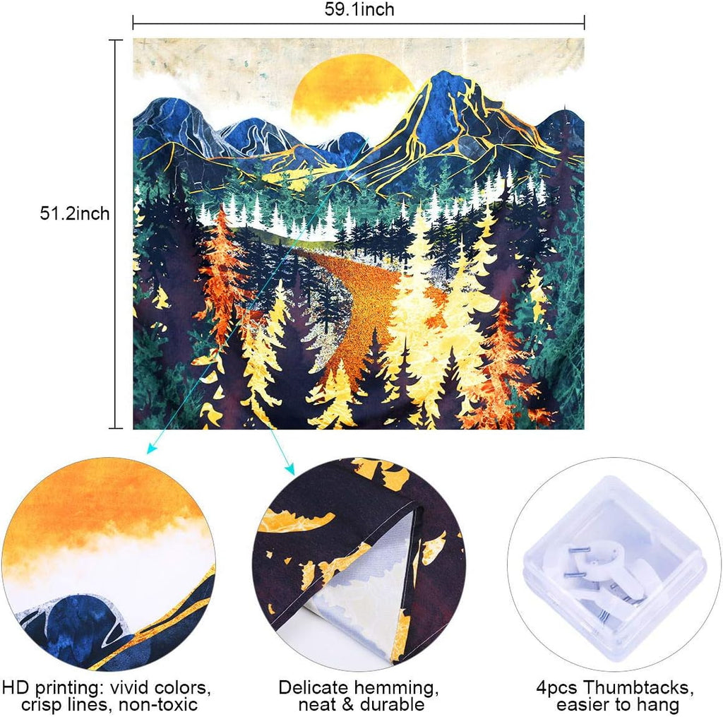Mountain Wall Hanging Tapestry - Forest Trees Art, Sunset, Road in Nature Landscape Home Decor for Room (51.2 X 59.1 Inches)
