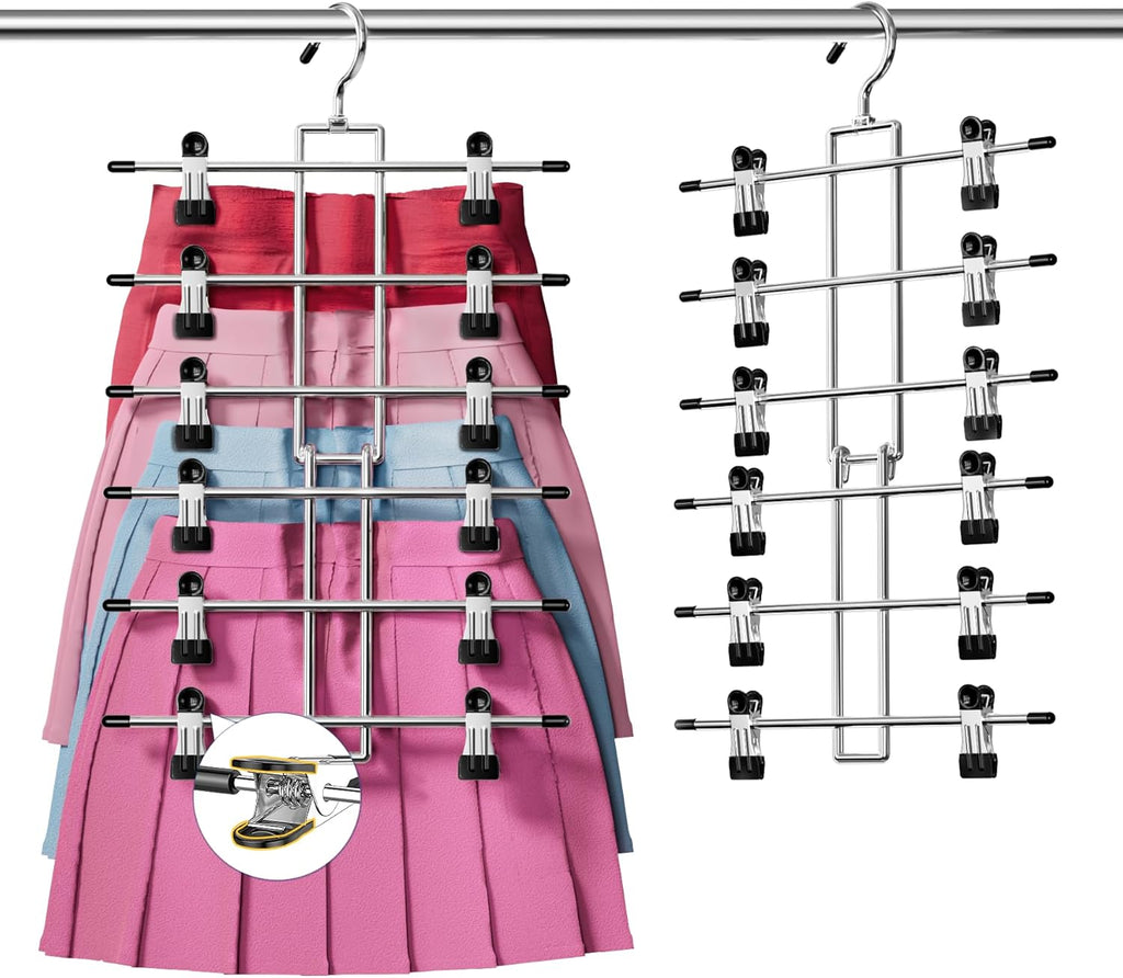 Skirt Pants Hangers with Clips Space Saving Hanging Closet Organizer 6 Tiers Hanger with 360° Swivel Hook, Finger-Safe Design- College Dorm Room Apartment Essentials 1-Pack