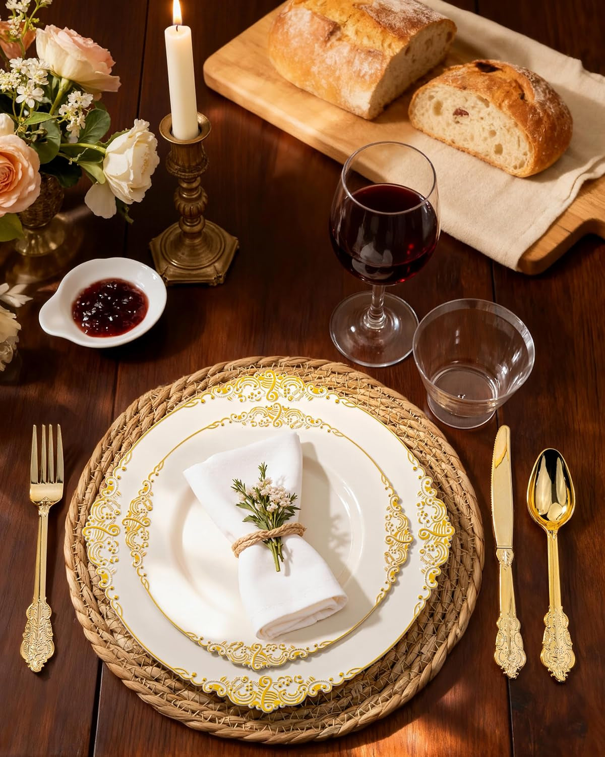 350PCS Ivory Plastic Plates - Ivory Gold Plastic Dinnerware Sets for 50 Guests - 100 Gold Disposable Plates, 50 Pre Rolled Silverware Sets, 50 Cups Perfect for Wedding & Party