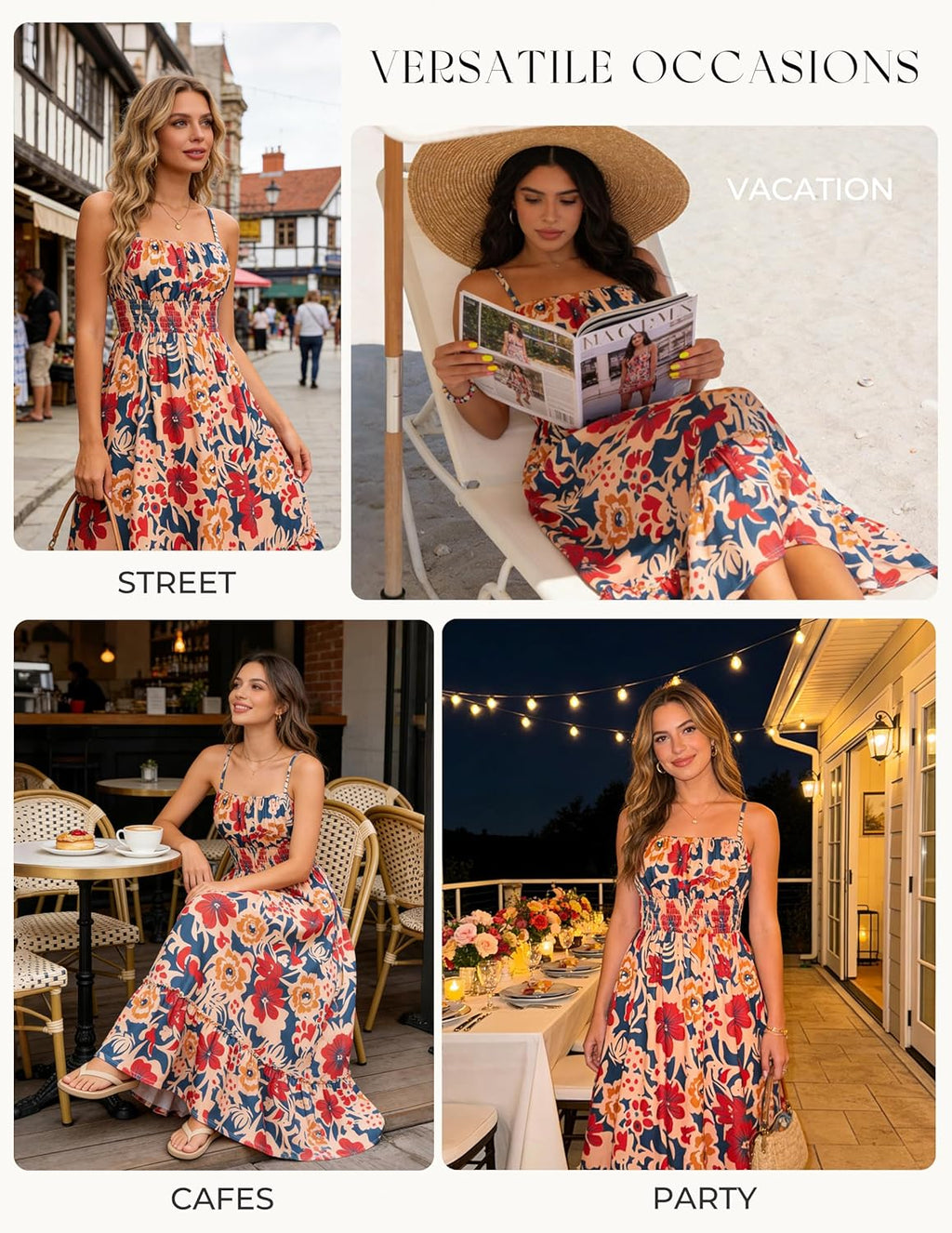Summer Dresses for Women 2026 Vacation Boho Maxi Sundress | Casual, Smocked Waist, Floral Printed, Spaghetti Strap, Sleeveless, Beach Dresses with Pockets, Fashion Outfits