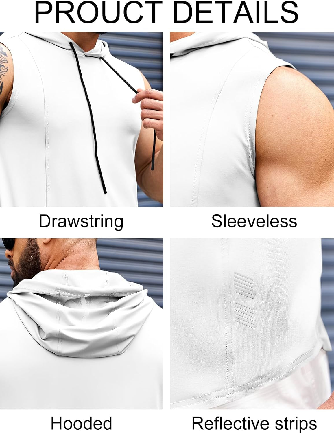 Mens Workout Hooded Tank Tops Gym Sleeveless Hoodies Bodybuilding Cut off Muscle T-Shirts White, X-Large