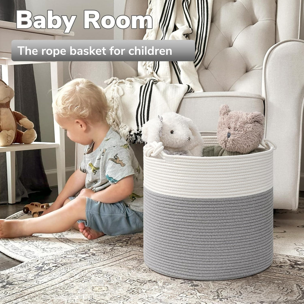 Woven Rope Blanket Basket Living Room, 40L, Grey | Small Laundry Basket for Organizing Baby Clothes, Blankets & Pillows, Great for Bedroom Nursery Home Décor