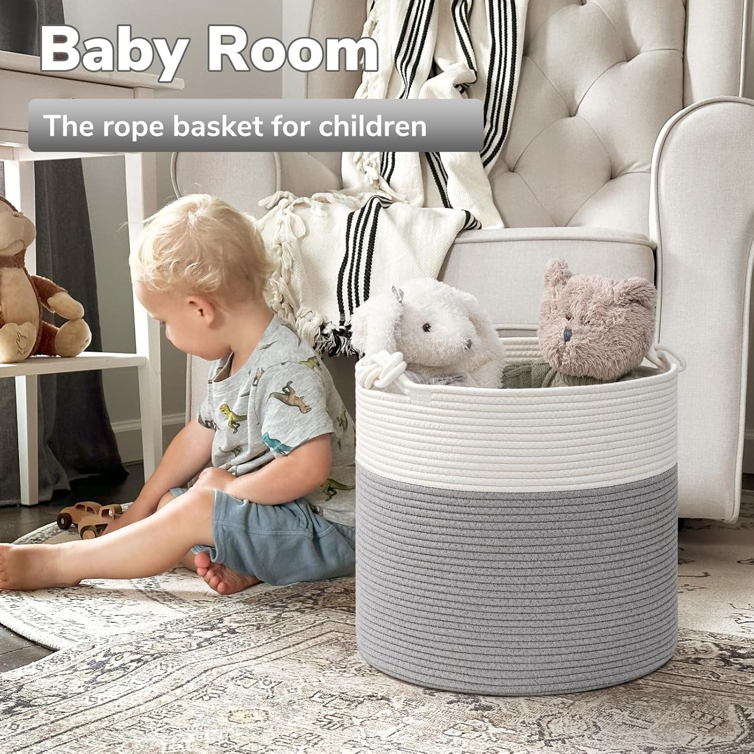 Woven Rope Blanket Basket Living Room, 40L, Grey | Small Laundry Basket for Organizing Baby Clothes, Blankets & Pillows, Great for Bedroom Nursery Home Décor