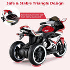 6V Kids Motorcycle with Forward & Reverse Switch, Headlight, Wheel Lights, Horn, Music, USB Port, 3-Wheel Ride on Toy for Toddler Aged 3+ (Red)
