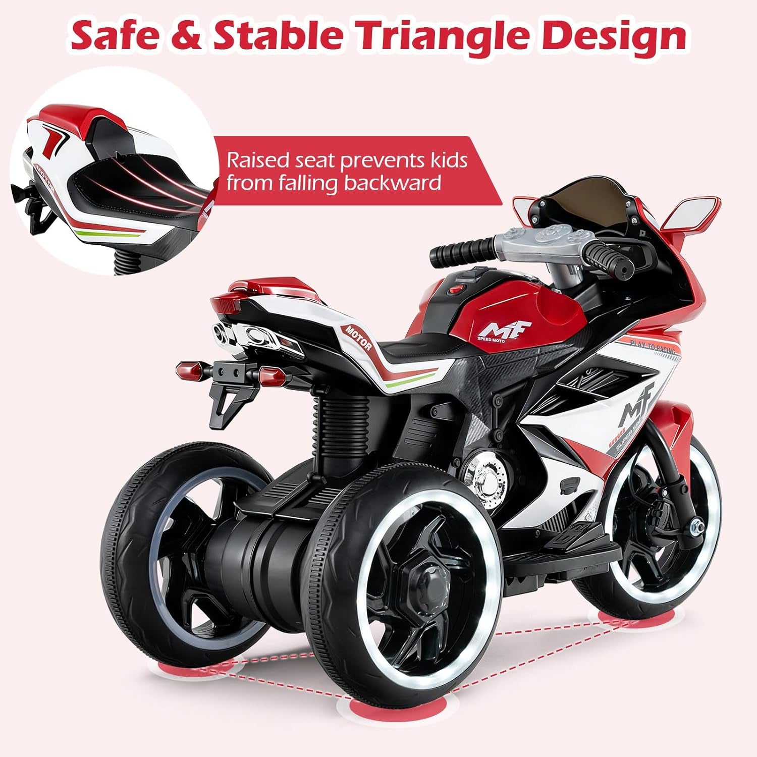 6V Kids Motorcycle with Forward & Reverse Switch, Headlight, Wheel Lights, Horn, Music, USB Port, 3-Wheel Ride on Toy for Toddler Aged 3+ (Red)