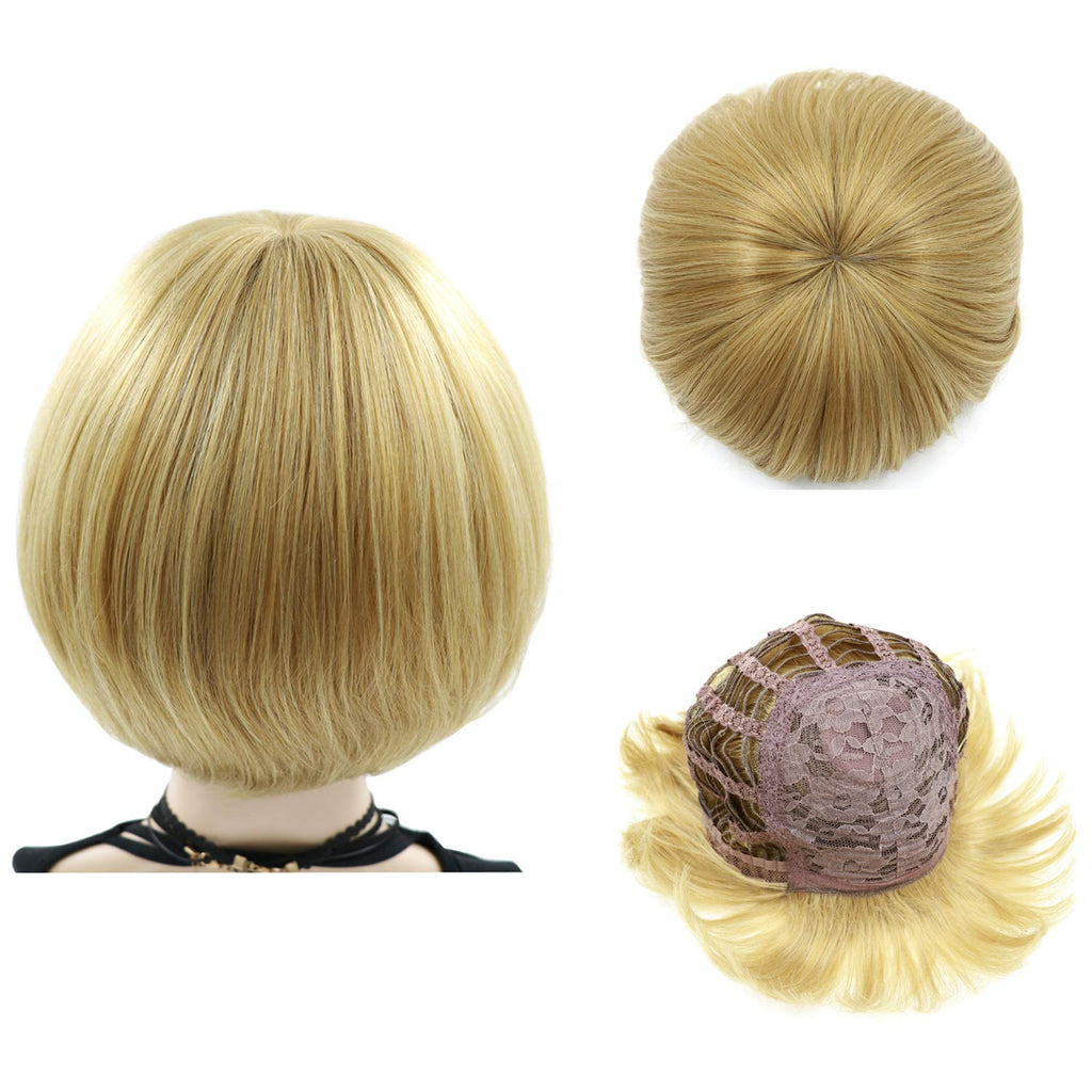Girls Golden Mushroom Wig Short Bob Wig with Bangs Blonde Bowl Cut Wig Cap for Women