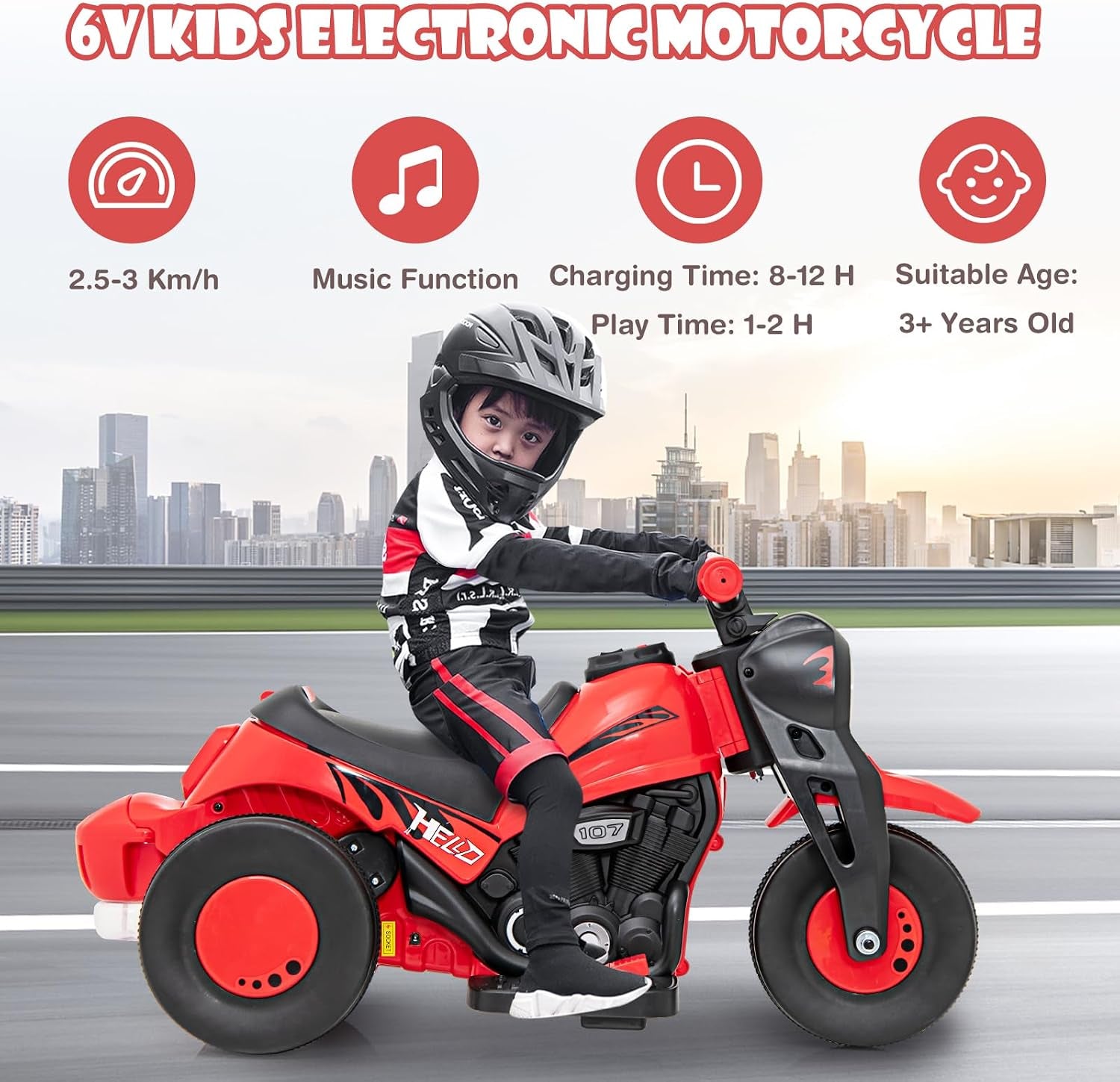 Kids Motorcycle, 6V Electric Ride on Car with Automatic Bubble Function, Foot Pedal, Headlight, Music, 3 Anti-Skip Wheels Vehicle for Children, Toddler Ages 3+
