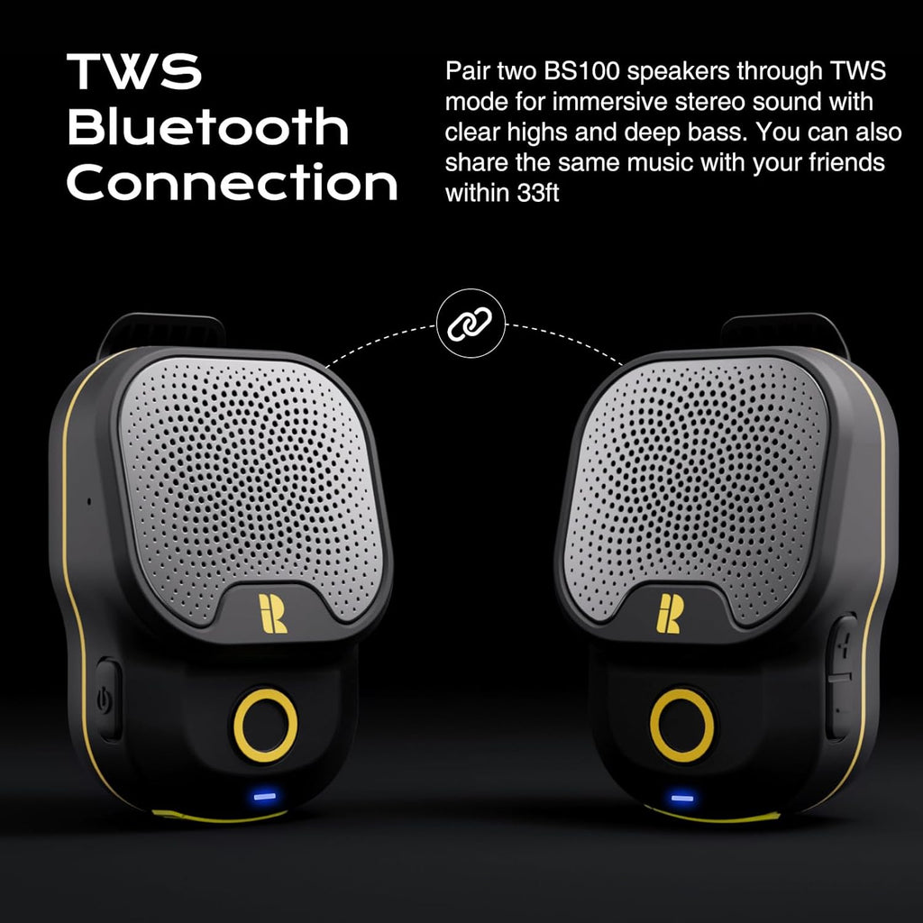 Wearable Bluetooth V5.3 Speaker, 30H Working Time Clip-On Wireless Jobsite Water-Resistant TWS Portable Speaker, IPX7 Waterproof, Built-In ENC Mic for Hands-Free Music/Calls
