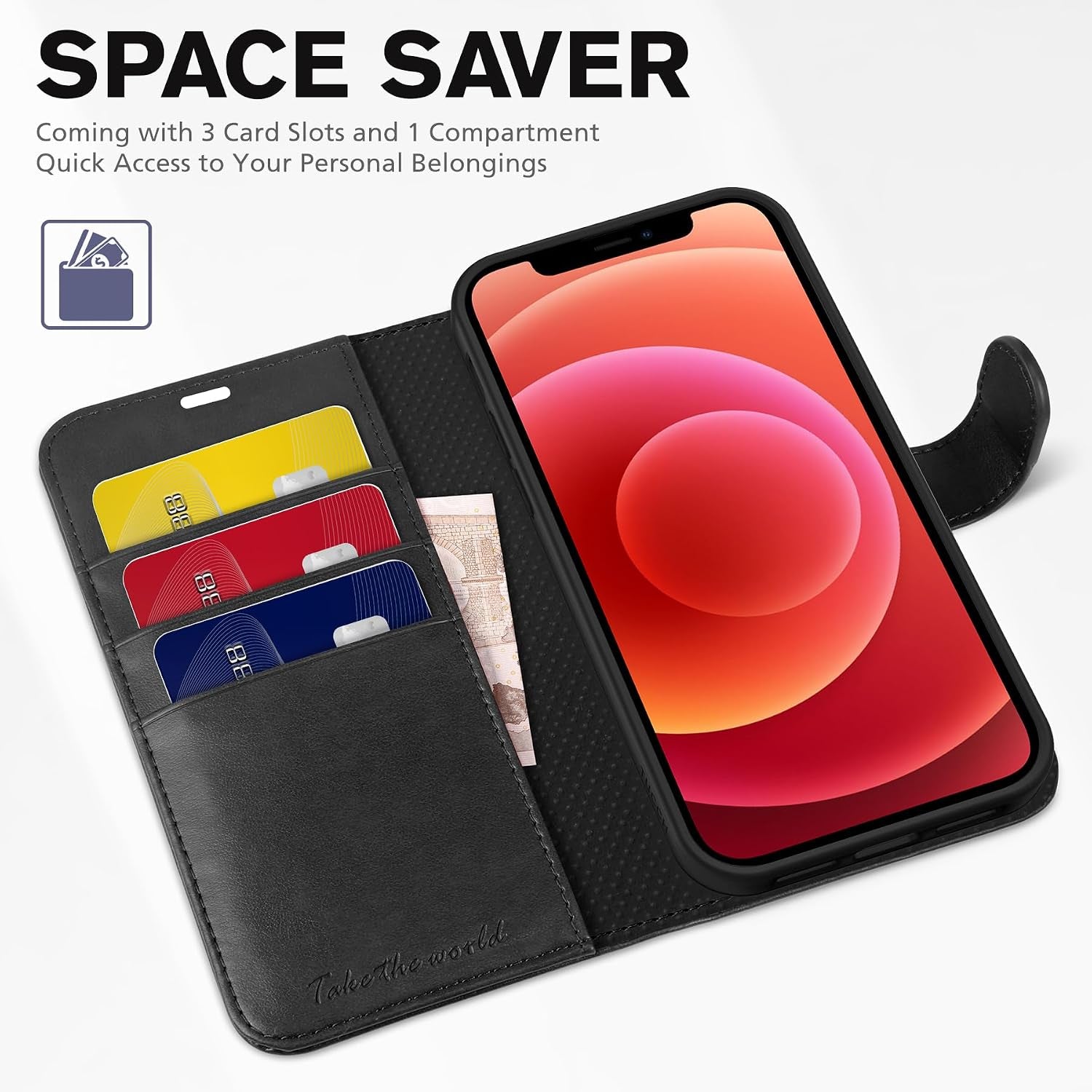 Wallet Case for Iphone 12 Pro/Iphone 12 (6.1"), 3 Card Holders, Black | RFID Blocking, Viewing Stand, Shockproof TPU Shell, PU Leather, Magnetic Closure, Protective Folio Flip Cover