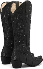 Black Cowgirl Boots for Women Cowboy Boots Western Boots Chunky Heel Pointed Toe Pull on Rhinestones Knee High Boots