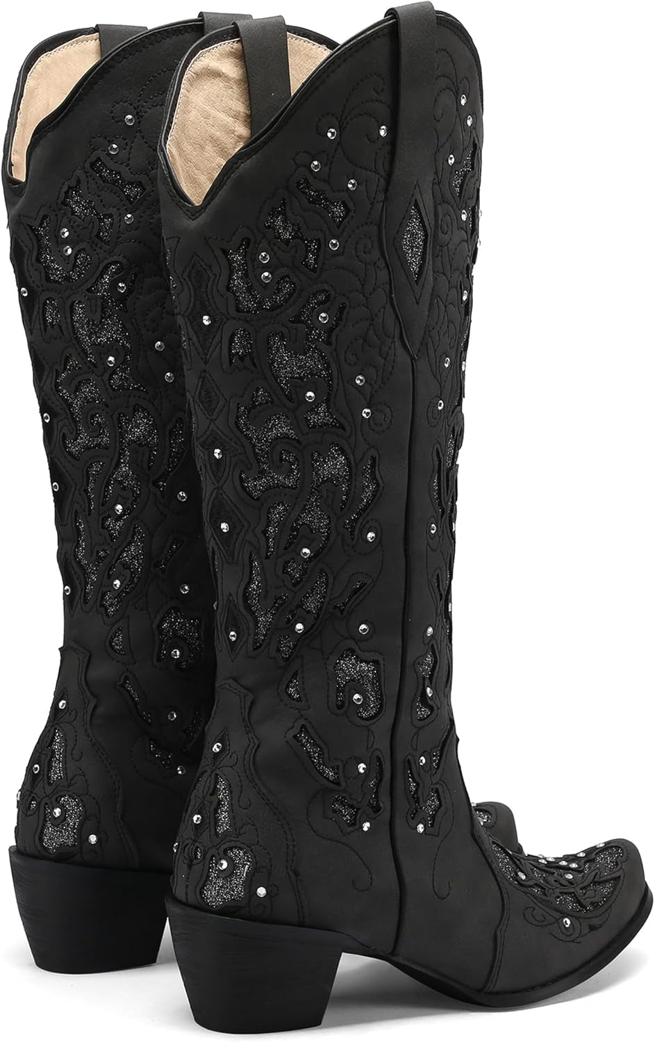 Black Cowgirl Boots for Women Cowboy Boots Western Boots Chunky Heel Pointed Toe Pull on Rhinestones Knee High Boots
