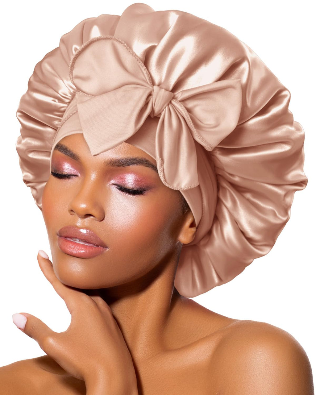 Double Layer Silk Bonnet for Sleeping for Women Satin Lined Bonnet Night Cap for Curly Hair with Tie Band,Champagne