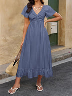 Womens Summer Dresses 2026 Wedding Guest Maxi Dress | Short Sleeve, V Neck, Drawstring,A-Line,Loose Fit,Solid,Cocktail,Party,Boho Beach Long Dress,Prom,Beach Vacation Clothes