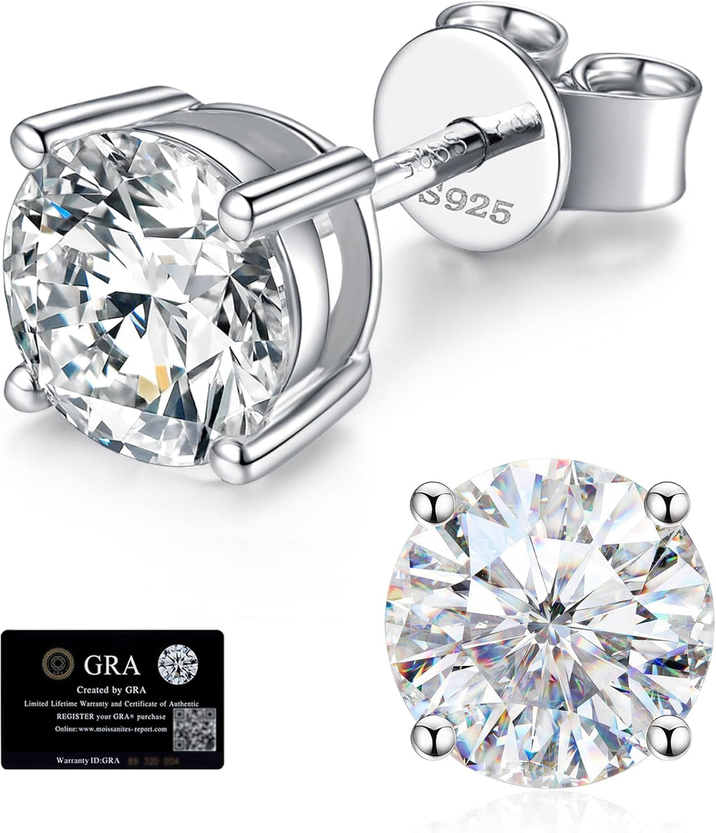 Moissanite Stud Earrings for Women, 925 Sterling Silver Earrings for Men | 18K White Gold Plated Sterling Silver, Ideal for Daily Wear, Weddings, Anniversaries(0.6-4Ct)