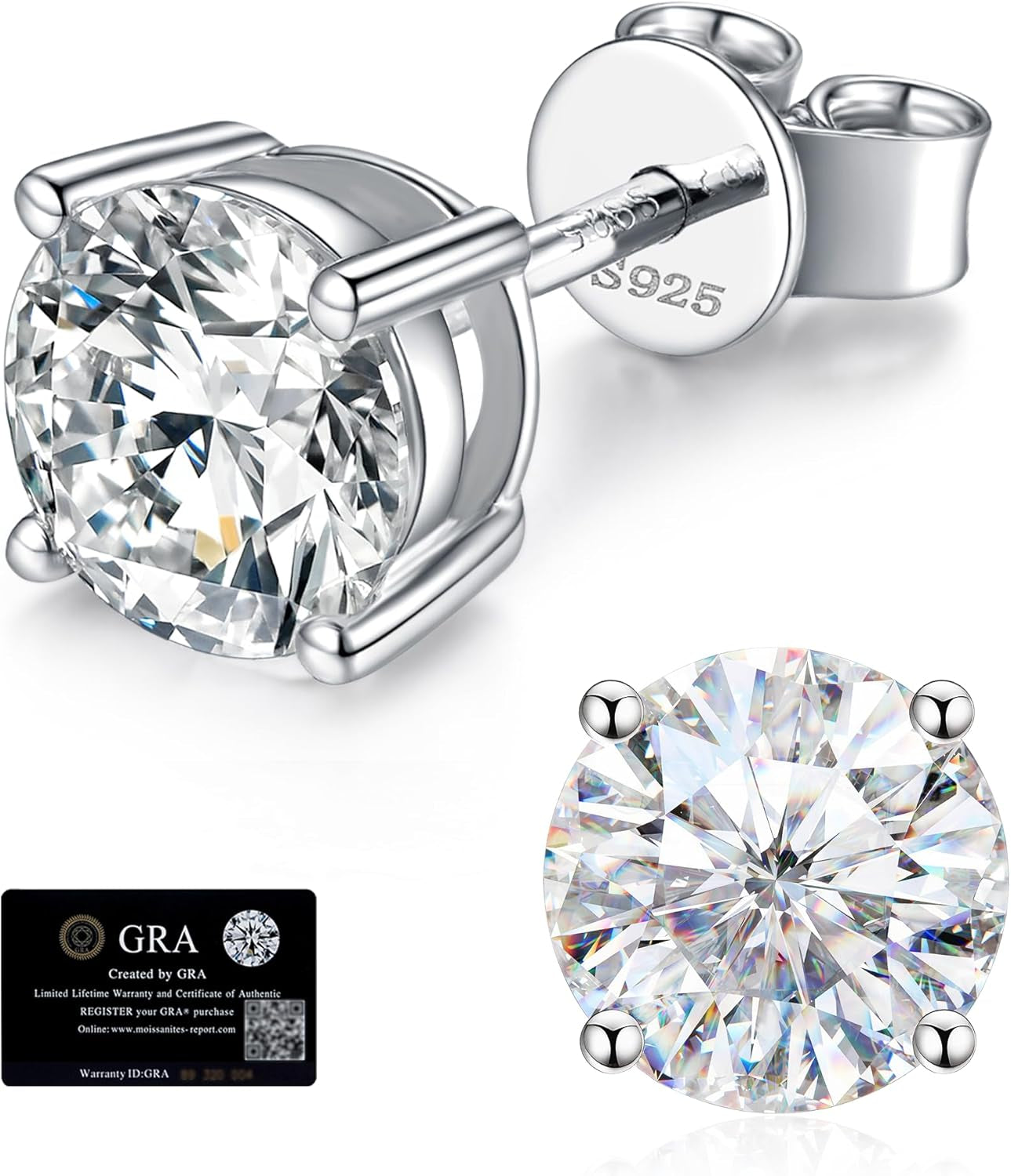 Moissanite Stud Earrings for Women, 925 Sterling Silver Earrings for Men | 18K White Gold Plated Sterling Silver, Ideal for Daily Wear, Weddings, Anniversaries(0.6-4Ct)