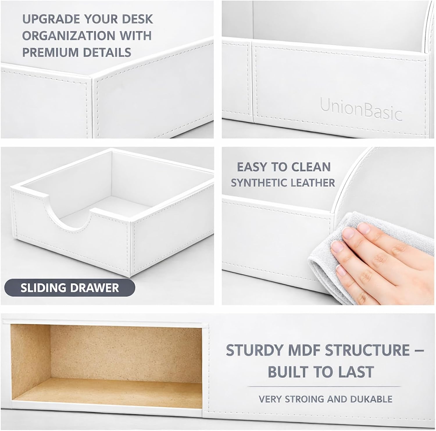 Desk Organizer - Multifunctional Leather Desktop Pen Holder Storage Box - Business Card/Pen/Pencil/Mobile Phone/Stationery Holder, White
