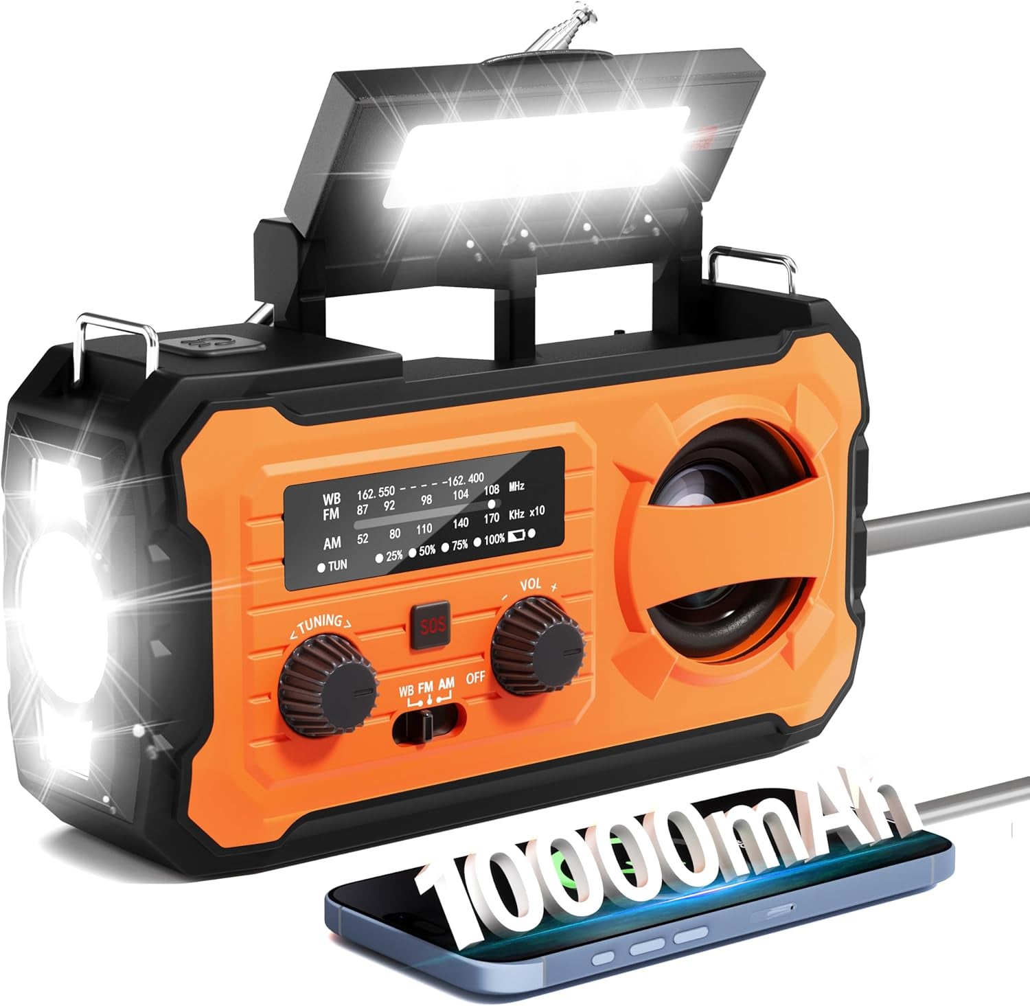 Hand Crank Emergency Radio 10000Mah Weather Radio with AM/FM/NOAA, Orange | Emergency Weather Radio with Solar Prower SOS Phone Charging LED Flashlight, Survival Gear for Outdoor Home Emergencies Kits