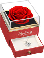 Preserved Real Rose with Heart Necklace -I Love You Forever Eternal Rose for Her, Mothers Day Flowers Gifts for Mom, Wife, Anniversary or Birthday Gifts for Women, Red