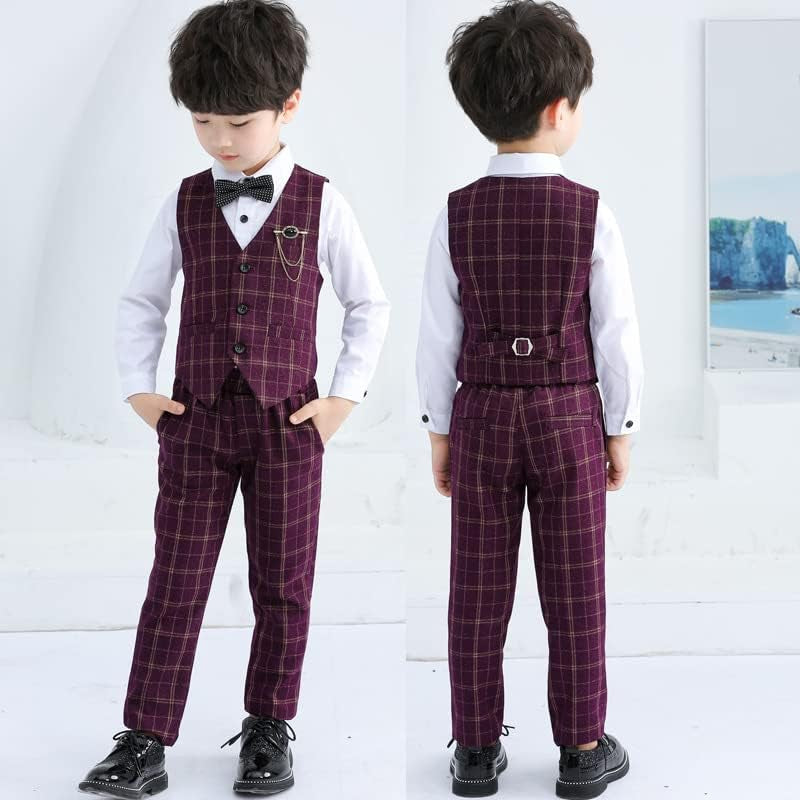 Boys Vest Pants Set Plaid Dress Suit with Shirt Kids Tuxedo Formal Wedding Ring Bearer Outfit