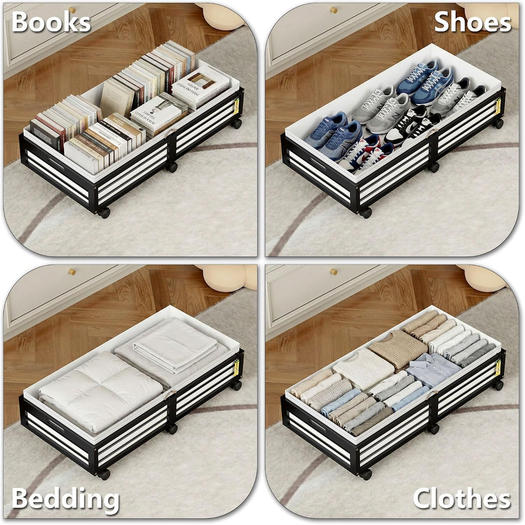 Under Bed Storage Containers with Wheels, Larger Bamboo Wood under Furniture Storage Containers with Dust Bags，Rolling for Shoes Clothes