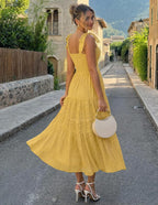 Womens Summer Boho Sleeveless Beach Vacation Maxi Sundress | Square Neck, Casual Cotton Long Tie Dresses, Spaghetti Strap, Smocked, a Line, Tiered Flowy Dress, High Waist, Side Pockets