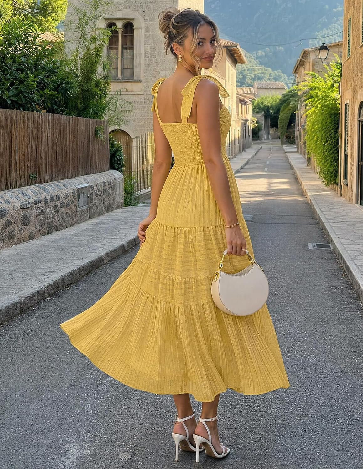 Womens Summer Boho Sleeveless Beach Vacation Maxi Sundress | Square Neck, Casual Cotton Long Tie Dresses, Spaghetti Strap, Smocked, a Line, Tiered Flowy Dress, High Waist, Side Pockets
