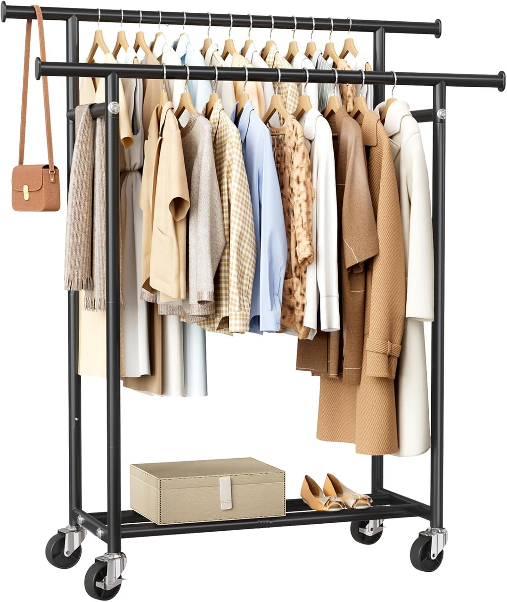 Clothes Rack, Double Rods Rolling Clothing Rack for Hanging Clothes, Portable Garment Rack with Wheels, Coat Rack Wardrobe Closet Load 240 LBS for Bedroom Laundry Room (Black, L)