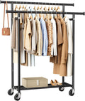Clothes Rack, Double Rods Rolling Clothing Rack for Hanging Clothes, Portable Garment Rack with Wheels, Coat Rack Wardrobe Closet Load 240 LBS for Bedroom Laundry Room (Black, L)