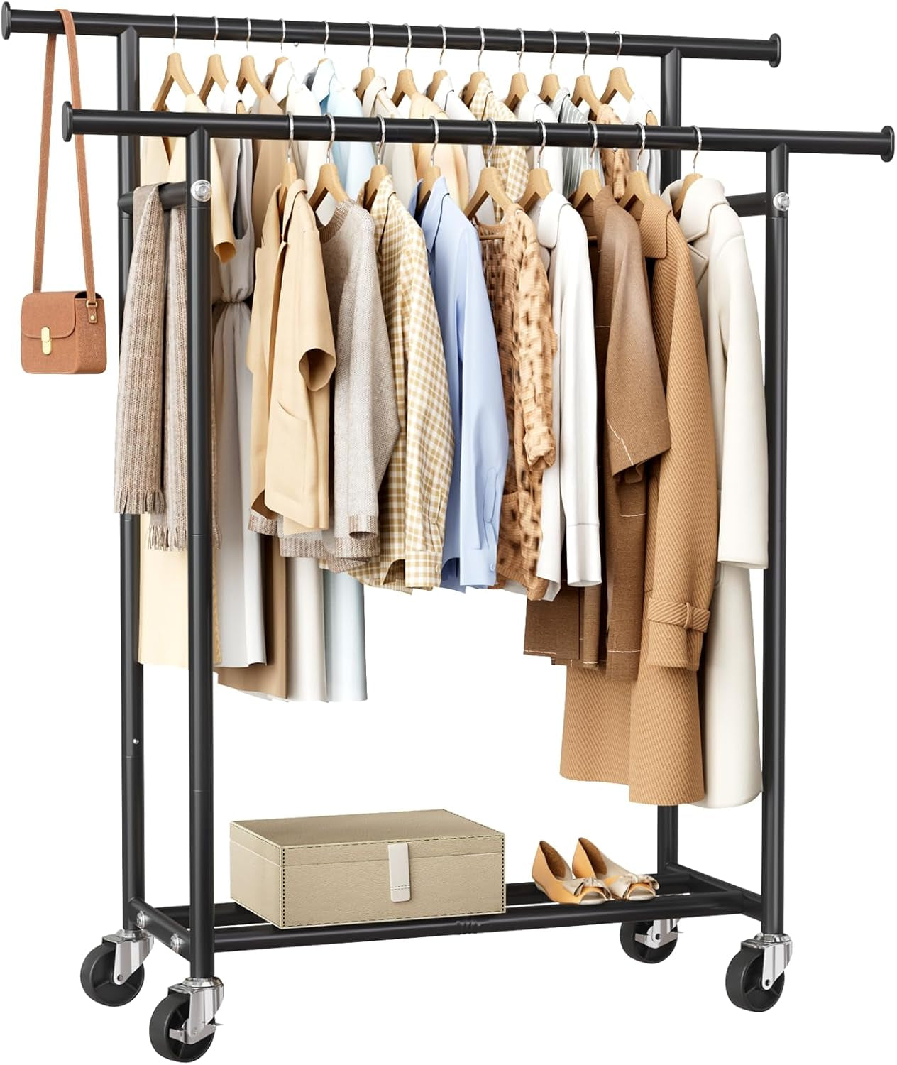 Clothes Rack, Double Rods Rolling Clothing Rack for Hanging Clothes, Portable Garment Rack with Wheels, Coat Rack Wardrobe Closet Load 240 LBS for Bedroom Laundry Room (Black, L)