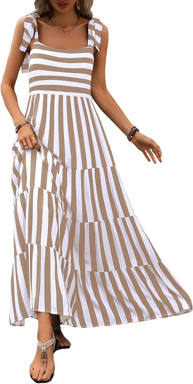 Women Dresses 2026 Summer Floral Sleeveless Maxi Dress Casual | Spaghetti Strap Tiered Flowy Beach Long Dress, Boho Floral Striped Dress, a Line Sun Dresses Pockets, Wedding Guest Dress