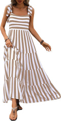 Women Dresses 2026 Summer Floral Sleeveless Maxi Dress Casual | Spaghetti Strap Tiered Flowy Beach Long Dress, Boho Floral Striped Dress, a Line Sun Dresses Pockets, Wedding Guest Dress