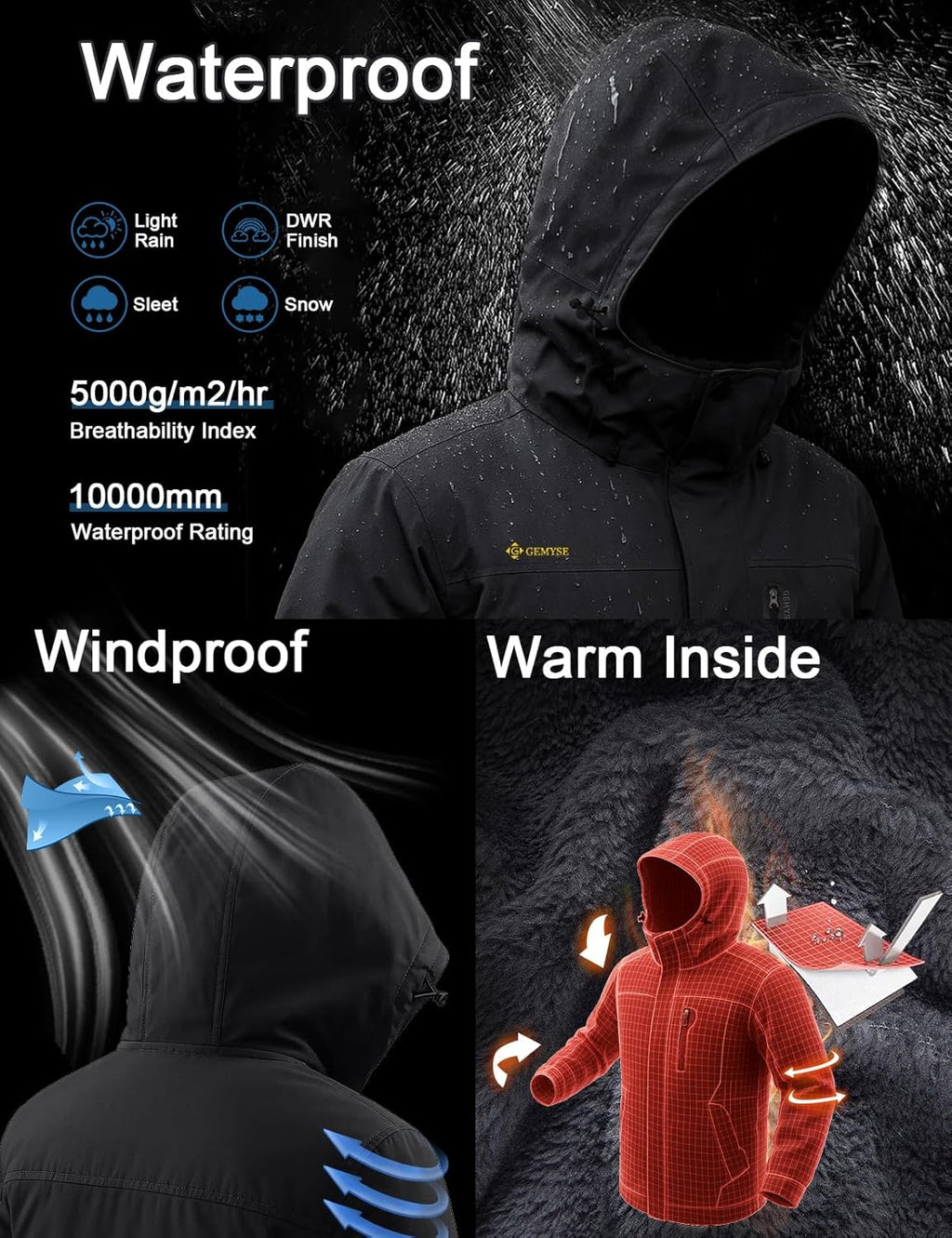 Men'S Winter Ski Jacket Waterproof Snow Coat with Detachable Hood | Windproof, Fleece-Lined, Insulated, Multiple Pockets, for Snowboarding and Cold, Rainy Weather