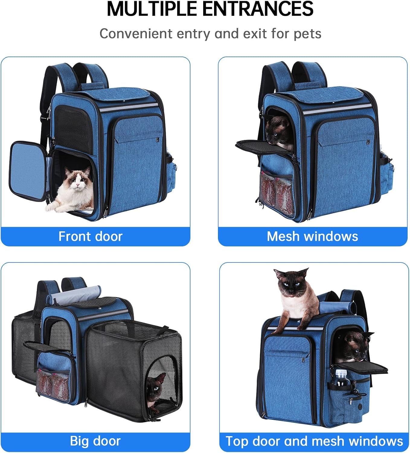 Cat Carrier Backpack for Travel,Dog Carrier Backpack for Large Cat, Small Dogs,Puppies up to 20 Lbs,Expandable Cat Backpack for Outdoor Hiking,Pet Carrier Backpack,Cat Backpack Carrier (Blue)