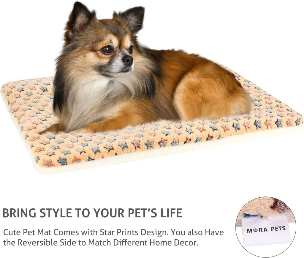 Dog Bed Crate Pad Ultra Soft Pet Mat Star Print 22 Inch Brown | Washable Crate Mat for Large Medium Small Dogs, Reversible Fleece Dog Crate Kennel Mat Flat Cat Bed Liner