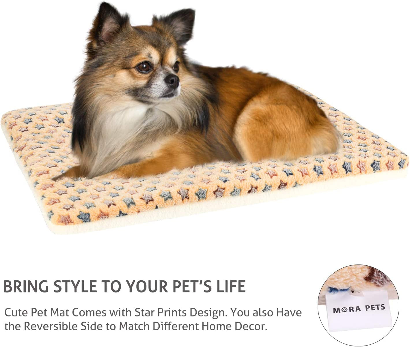 Dog Bed Crate Pad Ultra Soft Pet Mat Star Print 22 Inch Brown | Washable Crate Mat for Large Medium Small Dogs, Reversible Fleece Dog Crate Kennel Mat Flat Cat Bed Liner