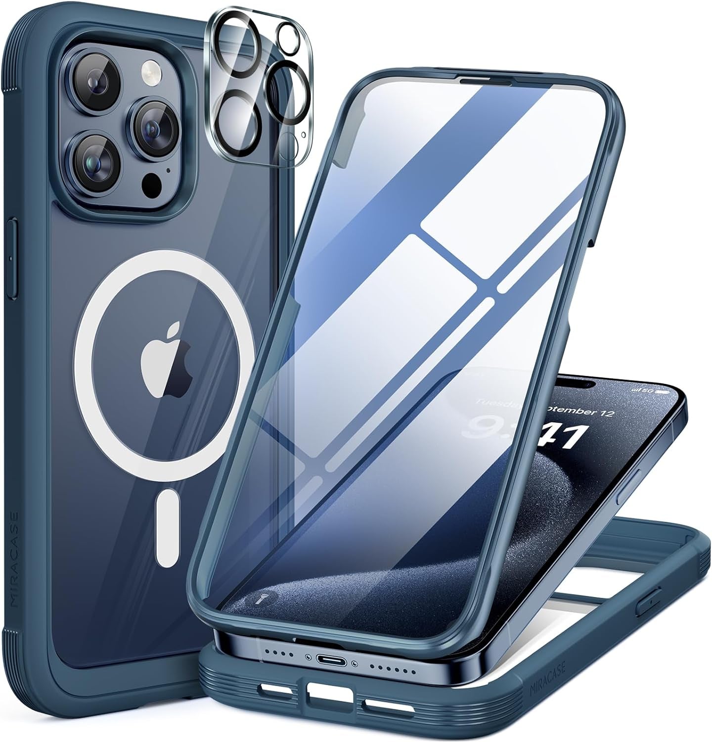 Magnetic for Iphone 15 Pro Max Case 6.7'' [Compatible with Magsafe] Full-Body Drop Proof Bumper Phone Case for Iphone 15 Pro Max with Built-In 9H Tempered Glass Screen Protector,Blue