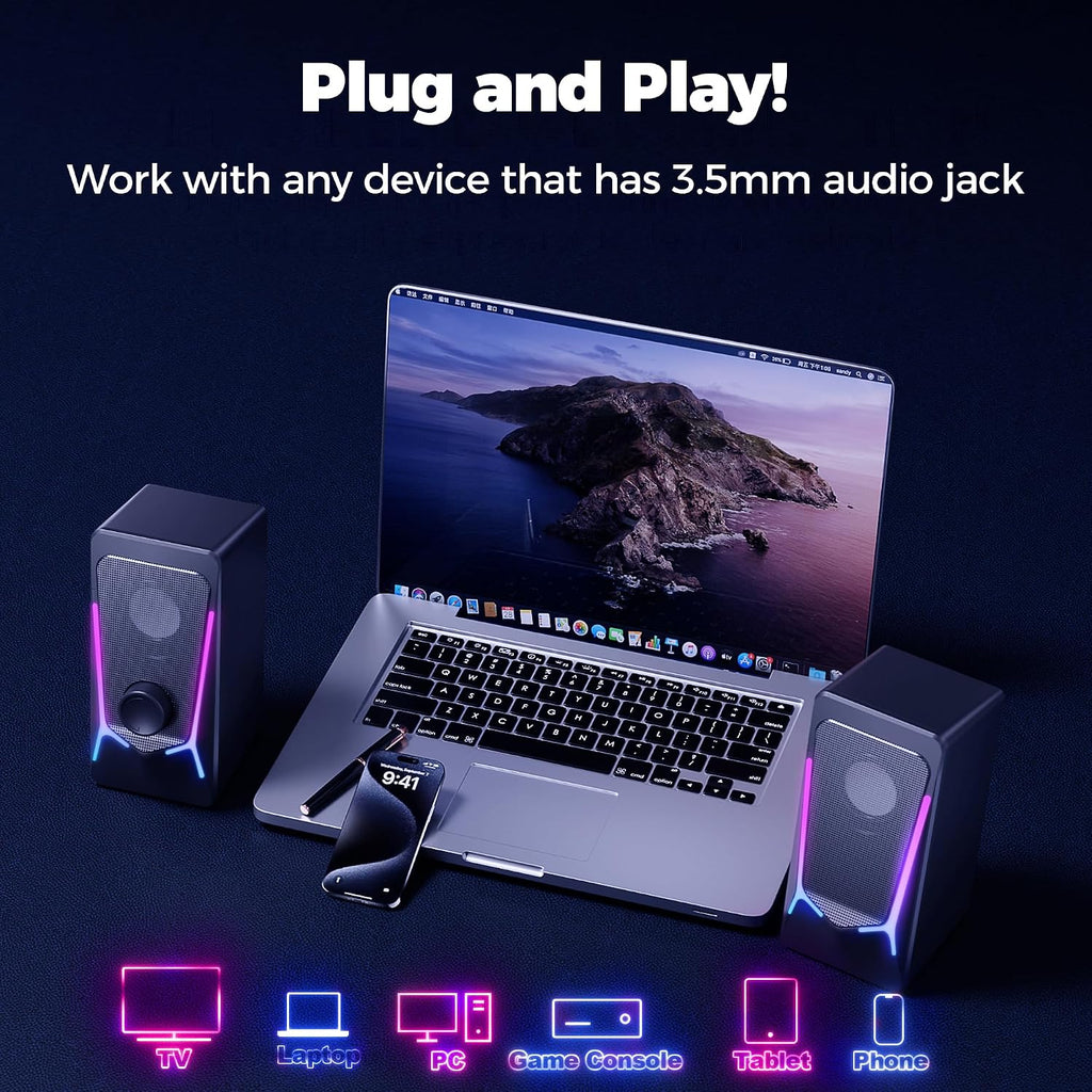 Computer Speakers, Gaming PC Speakers with Enhanced Bass and Volume Control, Stereo 2.0 USB Powered 3.5Mm Aux Multimedia Speakers for Laptop/Desktop/Tablets/Phone