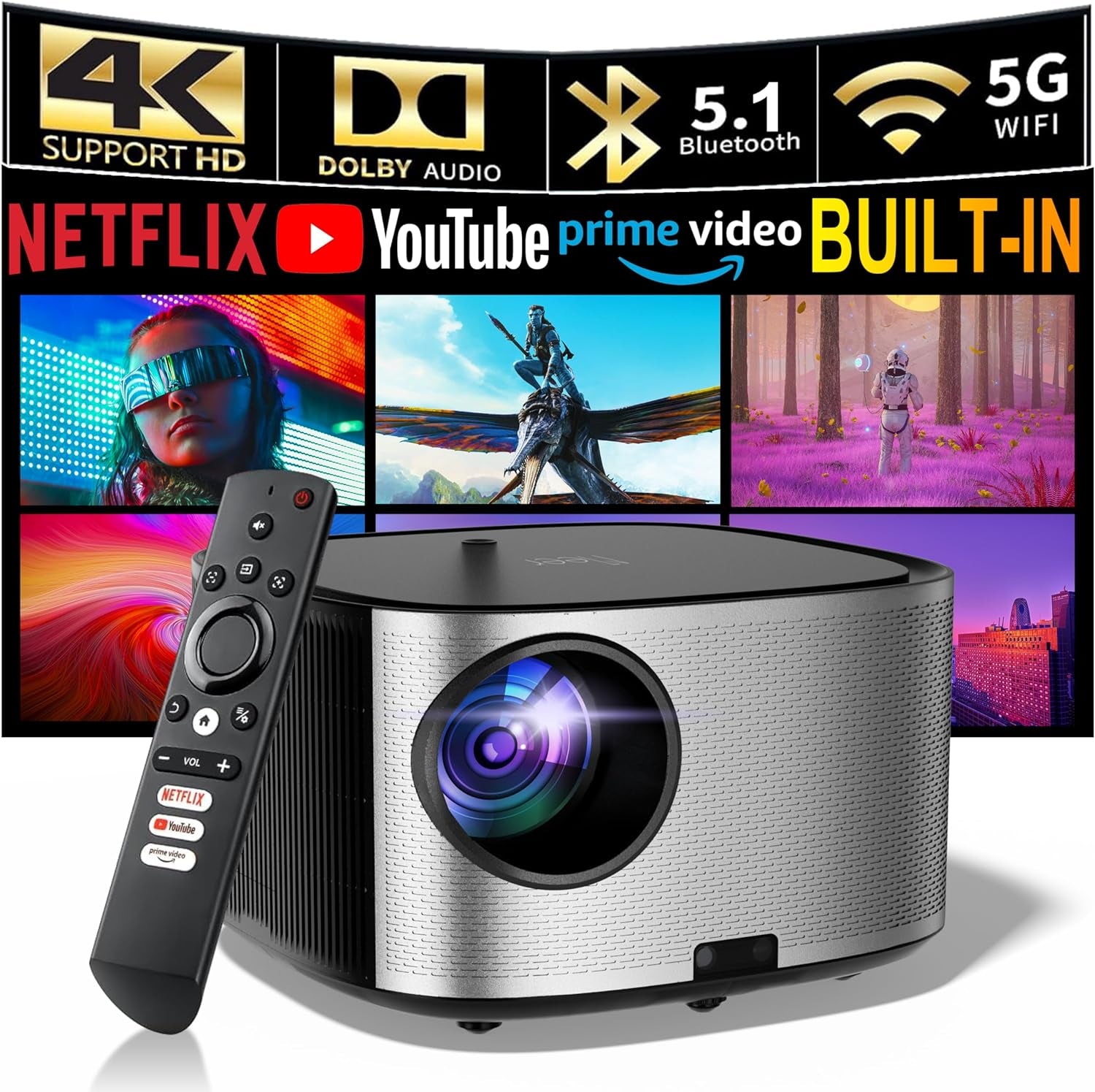 4K Projector with Wifi and Bluetooth, Netflix/Prime Video Officially-Licensed Smart Projector, Native 1080P,AI Auto Focus/Keystone Movie Projector with Dolby Audio,500 ANSI Home Outdoor Proyector