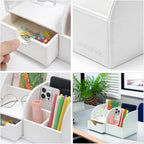 Desk Organizer - Multifunctional Leather Desktop Pen Holder Storage Box - Business Card/Pen/Pencil/Mobile Phone/Stationery Holder, White
