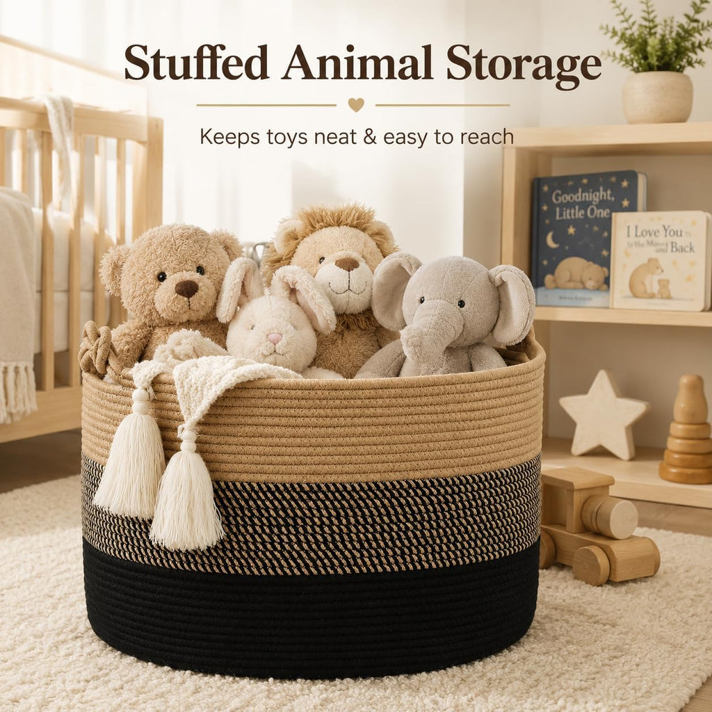Large Blanket Basket (20"X13"),Woven Rope Baskets for Storage Baby Laundry Hamper, Cotton Rope Blanket Basket for Living Room, Laundry, Nursery, Pillows,Baby Toy Chest (Jute/Black)