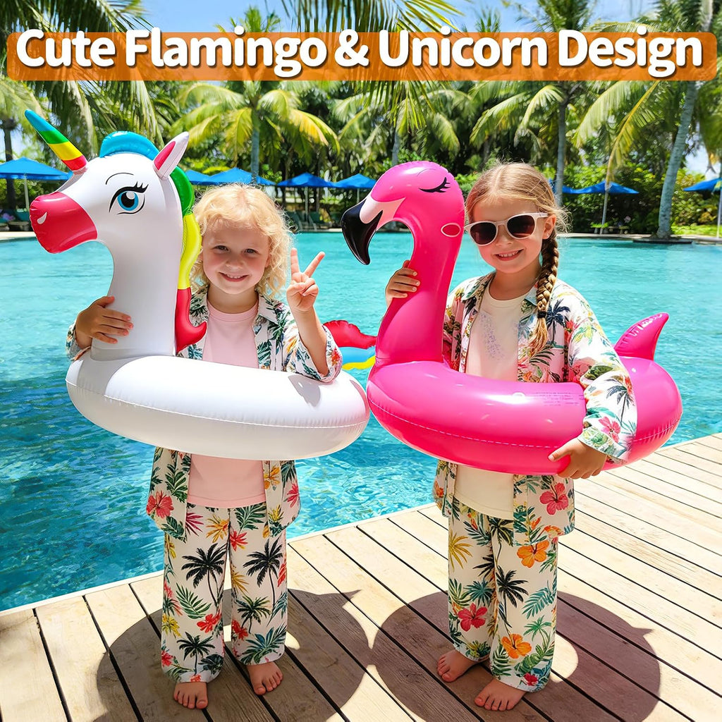 2 Pack Inflatable Flamingo Unicorn Pool Floats for Kids 3-8 Years | Pool Party Decorations/Beach/Summer, Durable PVC, Boys/Girls/Toddlers, Lounger/Raft, Vacation Floaties, Quick Inflate