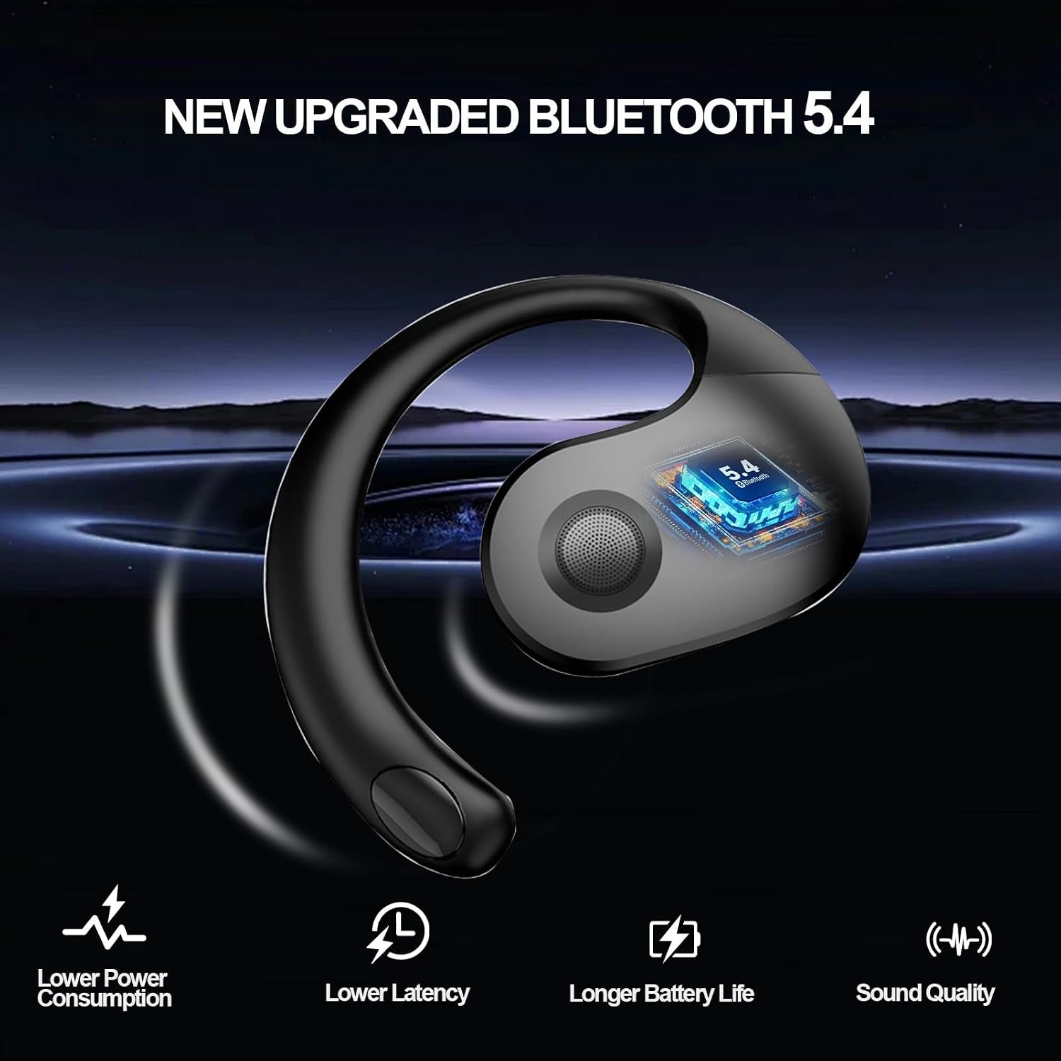 Open Ear Headphones Wireless Bluetooth 5.4, OWS Hanging Earphones Wireless Earbuds with Earhooks and Mic, IPX5 Waterproof, 48H Range, Out of Ear Earbuds for Sports Running Workout Driving(Black)