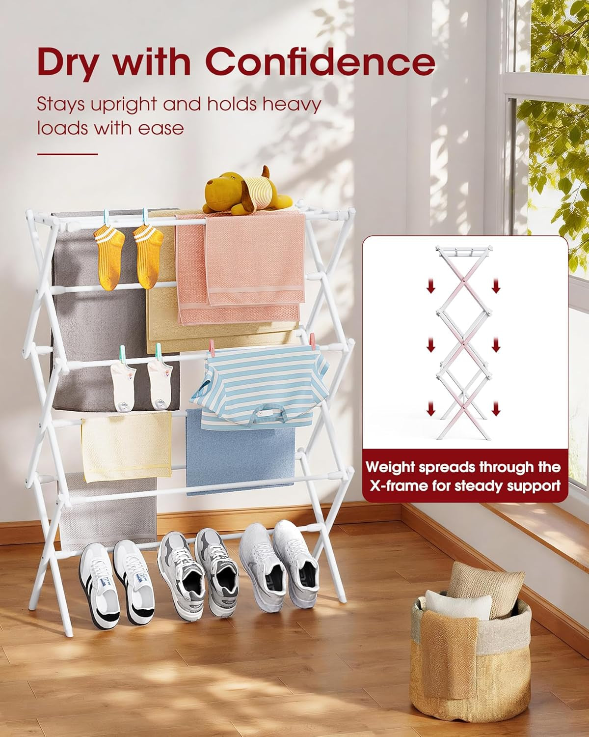 Foldable Clothes Drying Rack – Metal Laundry Drying Rack with Non-Slip Feet, 3-Tier Space-Saving Clothing Rack for Organization, Indoor & Outdoor Use, 11.4" D X 29.1" W X 37.4" H, White