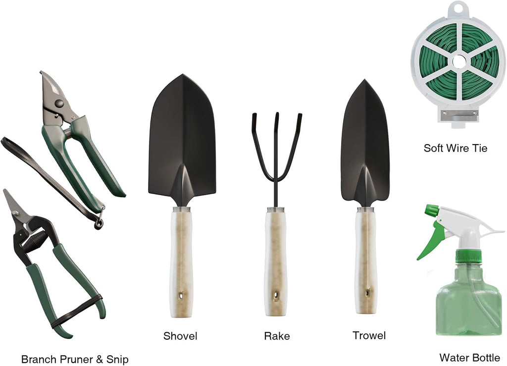 8-Piece Garden Hand Tool Set - Canvas Tote Gardening Tool Kit with Snip, Pruner, Rake, Trowel, Shovel, Spray Bottle, and Soft Wire Tie by