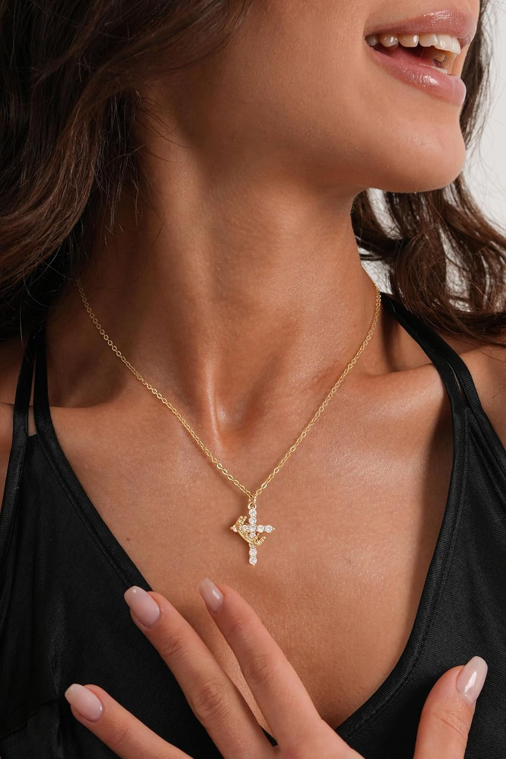 Upgraded Crown Cross Necklace for Women, 14K Gold Plated | Non-Tarnish Dainty Christian Faith Pendant for Gifting, First Communion, Baptism, Birthdays and Everyday Wear